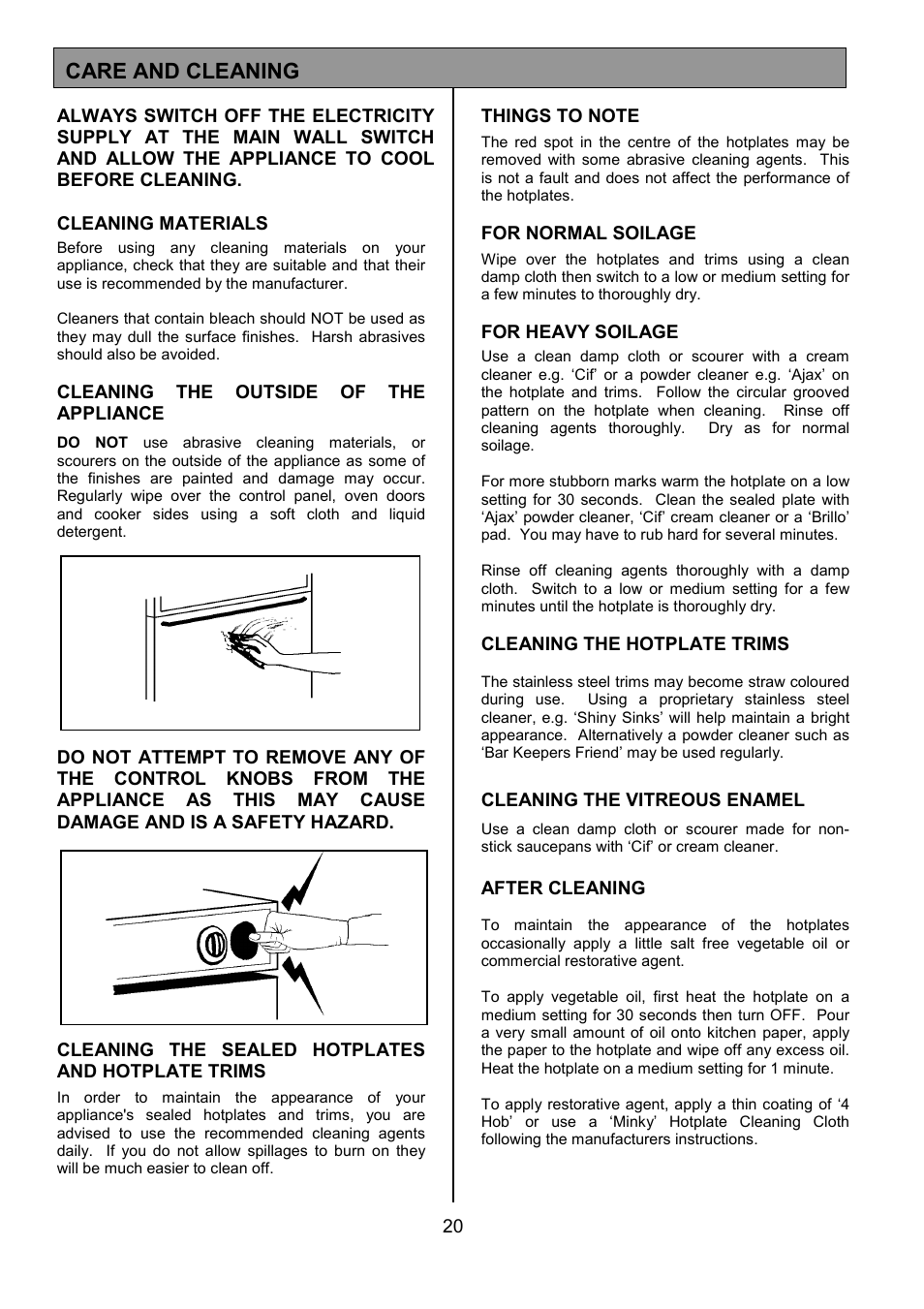 Care and cleaning | Tricity Bendix SIE 252 User Manual | Page 20 / 28