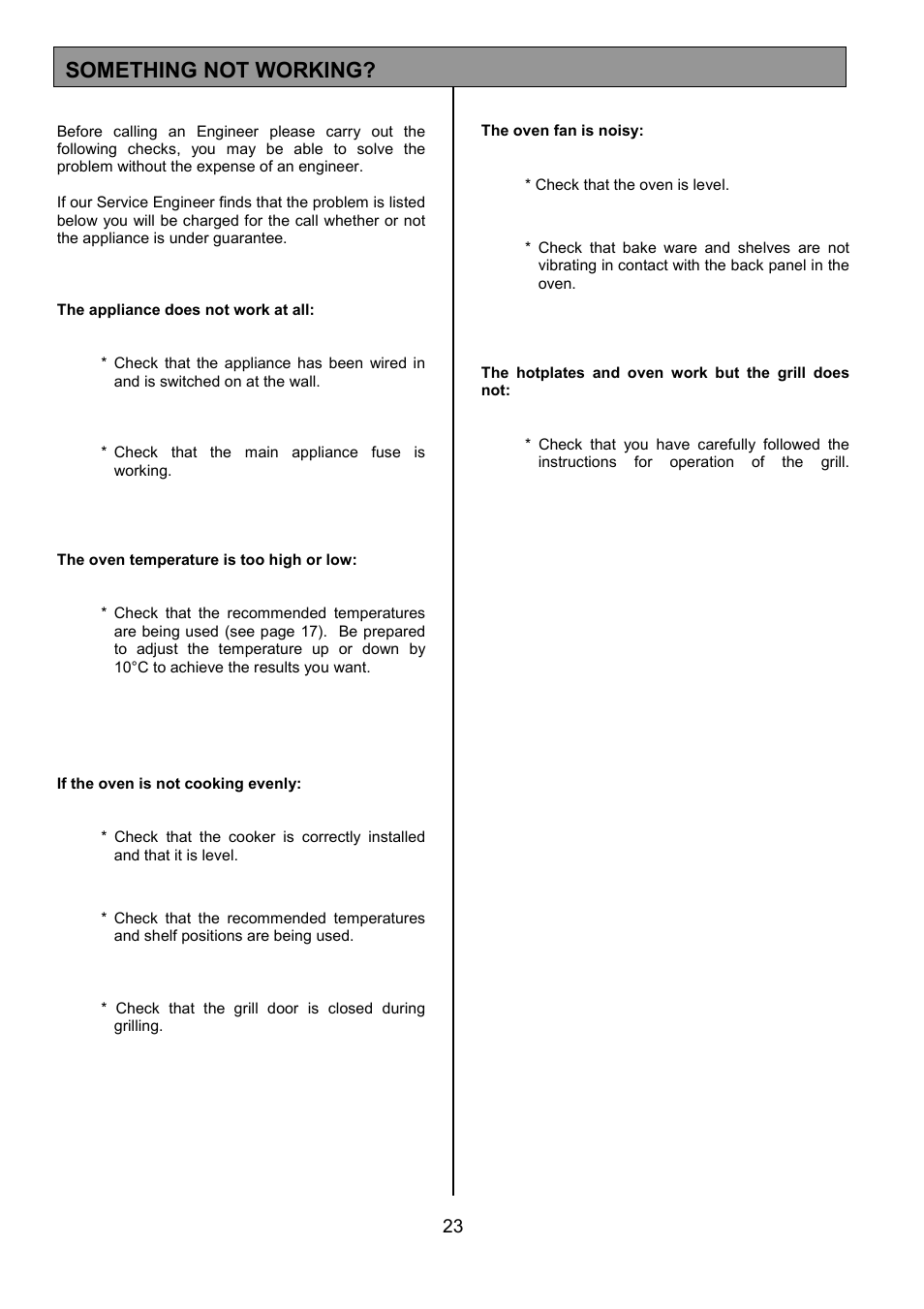 Something not working | Tricity Bendix SIE 252 User Manual | Page 23 / 28