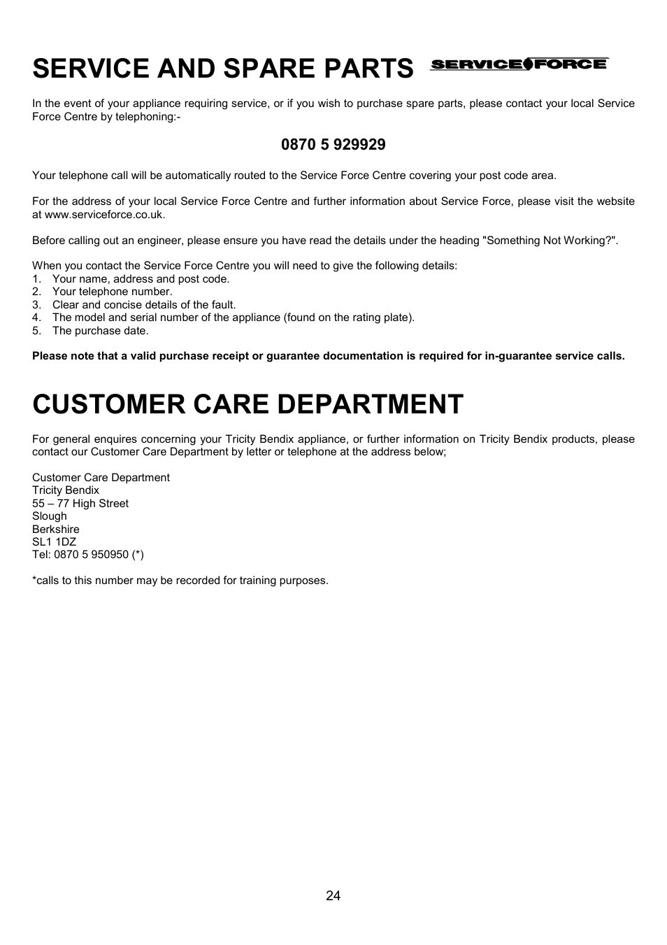 Service and spare parts, Customer care department | Tricity Bendix SIE 252 User Manual | Page 24 / 28