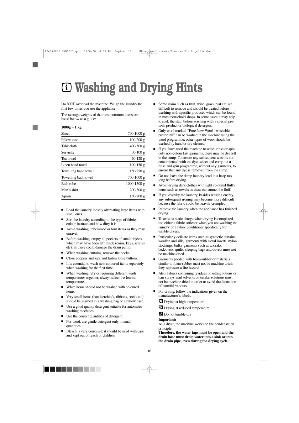 Washing and drying hints | Tricity Bendix BWD 1011 User Manual | Page 16 / 31