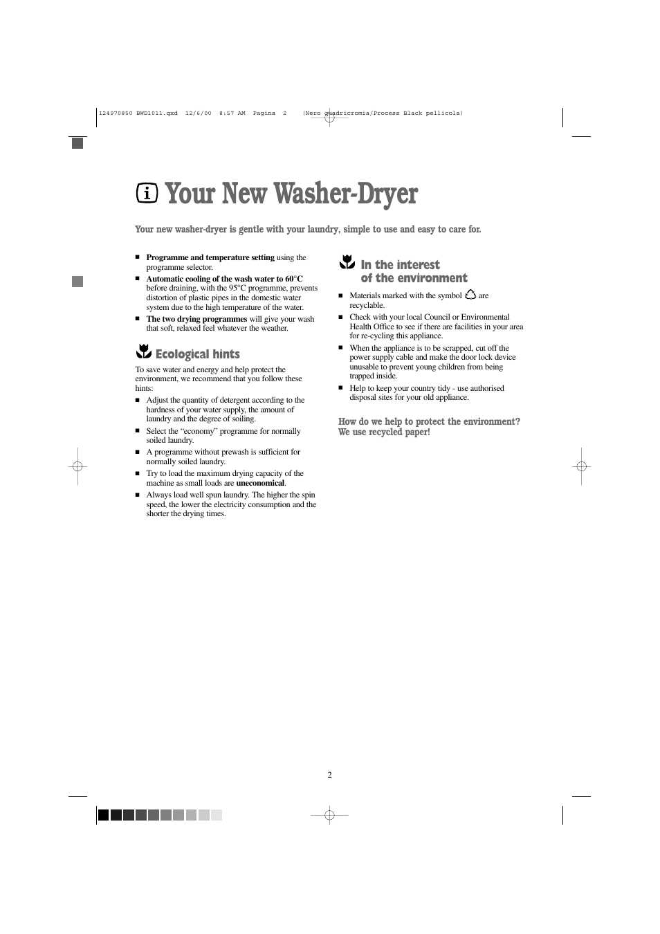 Your new washer-dryer, Ecological hints | Tricity Bendix BWD 1011 User Manual | Page 2 / 31