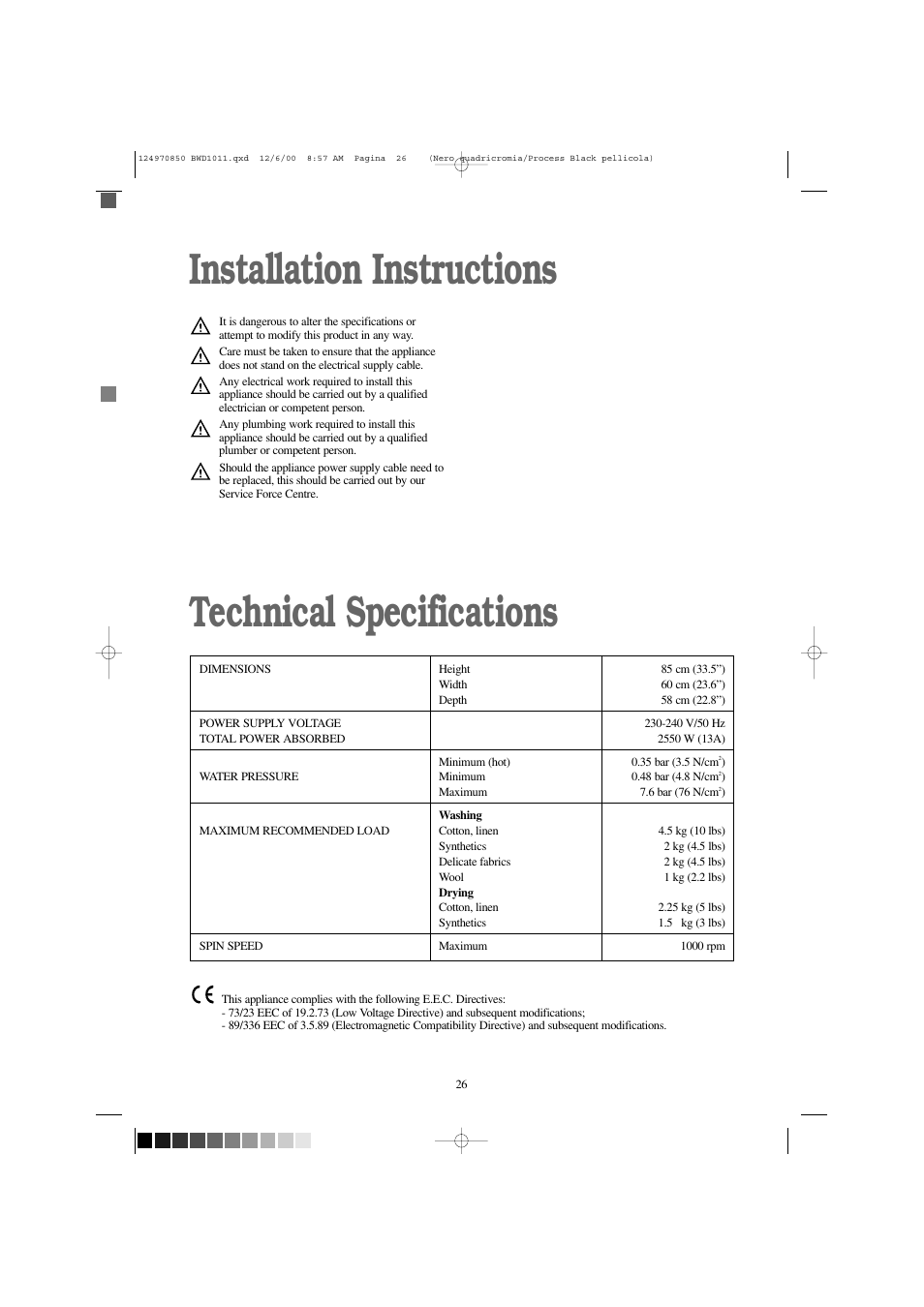 Installation instructions technical specifications | Tricity Bendix BWD 1011 User Manual | Page 26 / 31