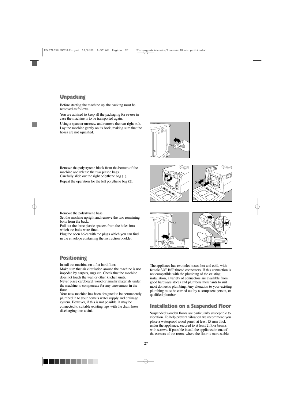 Unpacking, Positioning, Installation on a suspended floor | Tricity Bendix BWD 1011 User Manual | Page 27 / 31