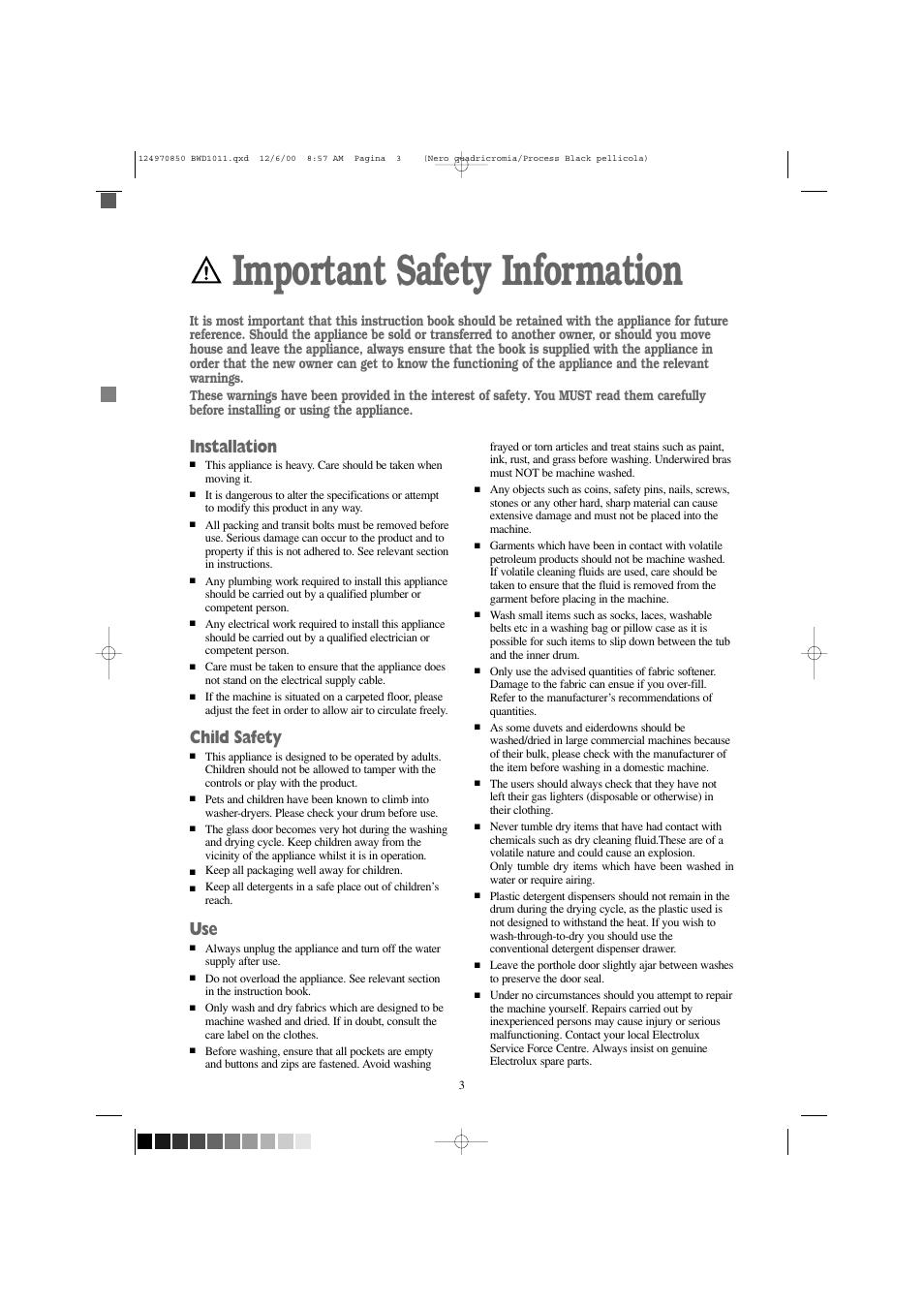 Important safety information, Installation, Child safety | Tricity Bendix BWD 1011 User Manual | Page 3 / 31