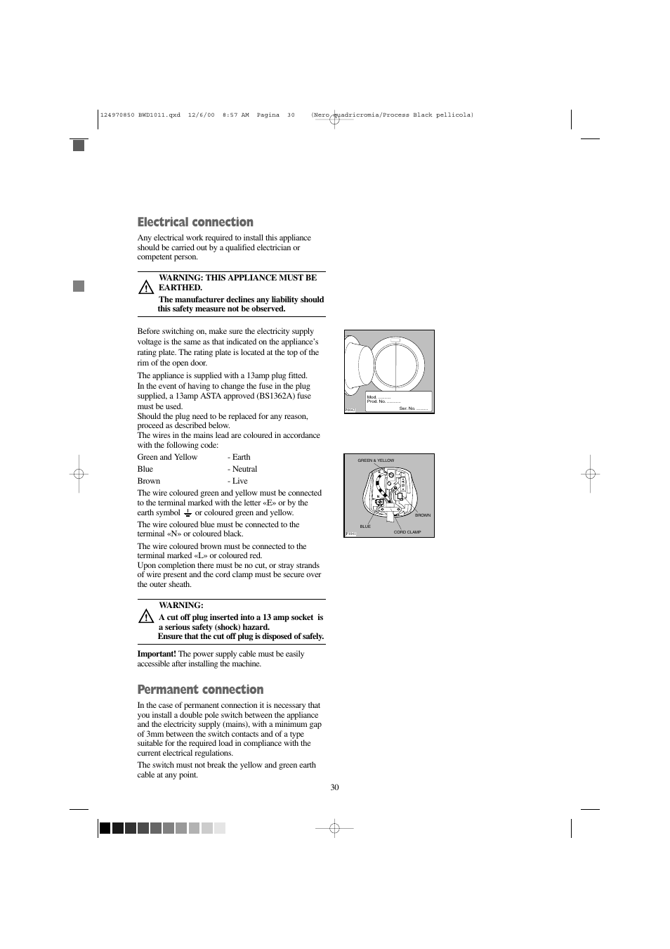 Electrical connection, Permanent connection, Mod. .......... prod. no. ........... ser. no | Tricity Bendix BWD 1011 User Manual | Page 30 / 31