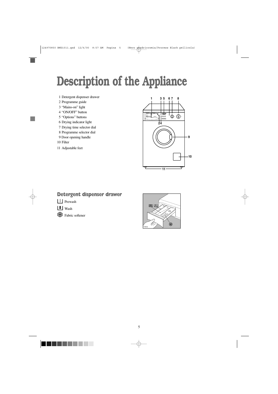 Description of the appliance, Detergent dispenser drawer | Tricity Bendix BWD 1011 User Manual | Page 5 / 31