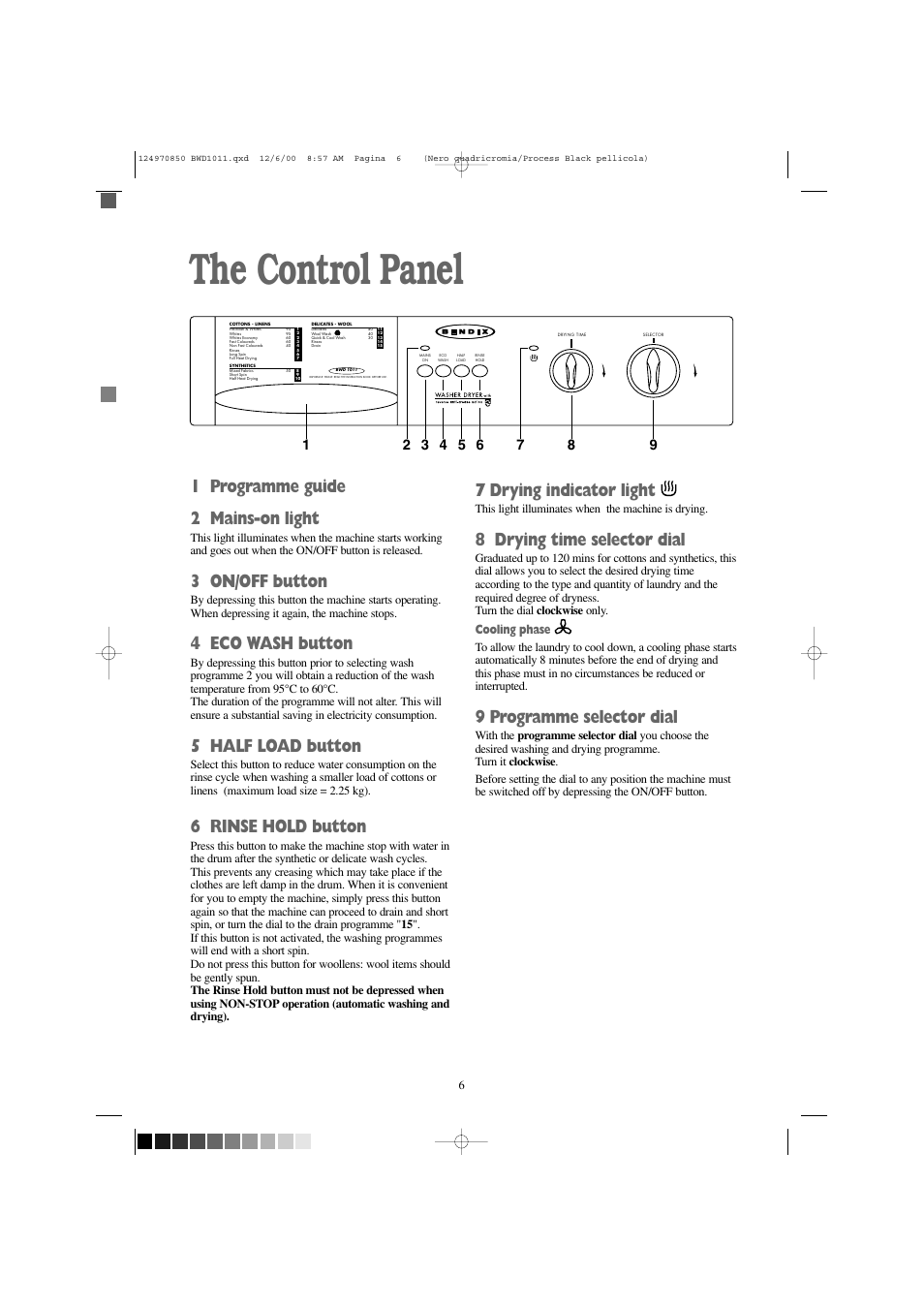 The control panel, 7 drying indicator light, 8 drying time selector dial | 9 programme selector dial, 1 programme guide 2 mains-on light, 3 on/off button, 4 eco wash button, 5 half load button, 6 rinse hold button, Cooling phase | Tricity Bendix BWD 1011 User Manual | Page 6 / 31