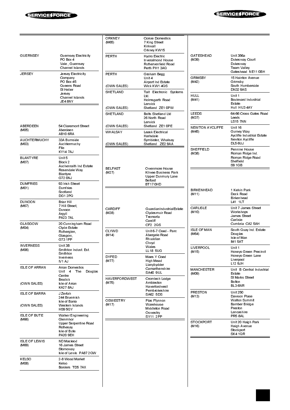 Tricity bendix service force, Channel islands, Scotland | Northern ireland, Wales, North east, North west | Tricity Bendix SB 200 User Manual | Page 21 / 24