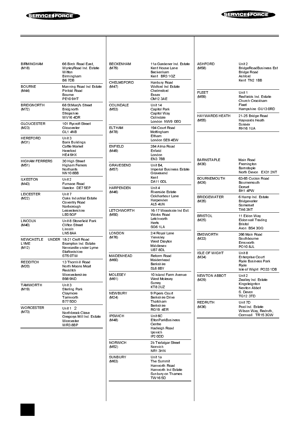 Tricity bendix service force, Midlands, London & east anglia | South east, South west | Tricity Bendix SB 200 User Manual | Page 22 / 24