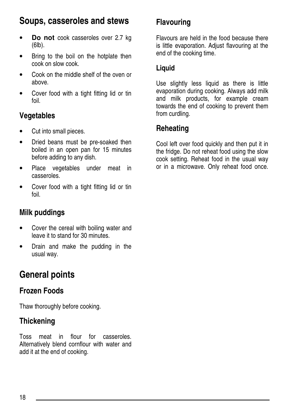 Soups, casseroles and stews, General points, Vegetables | Milk puddings, Frozen foods, Thickening, Flavouring, Reheating | Tricity Bendix CLASSIC/1 User Manual | Page 18 / 36