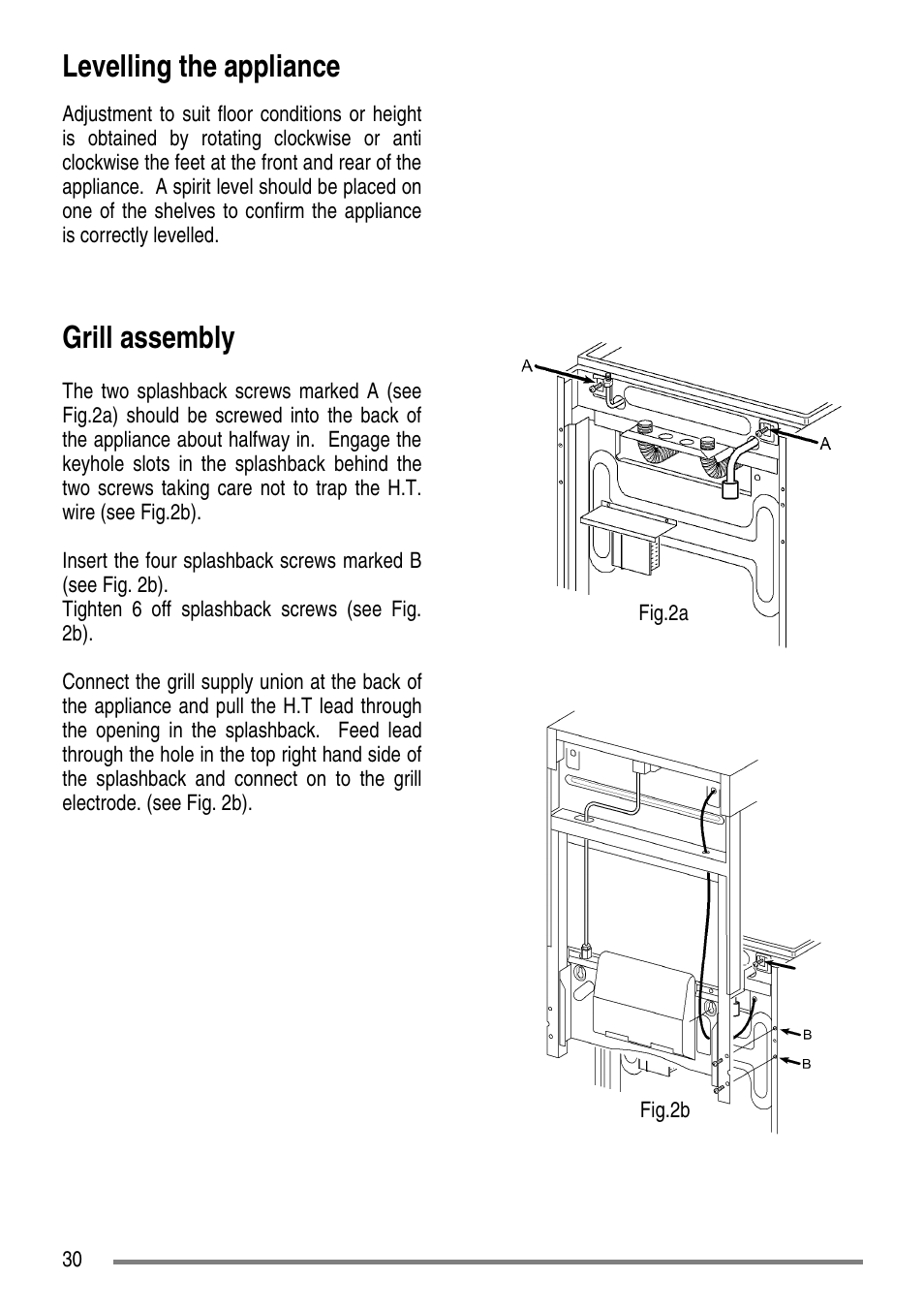 Levelling the appliance, Grill assembly | Tricity Bendix CLASSIC/1 User Manual | Page 30 / 36