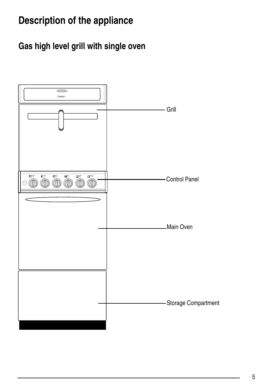 Description of the appliance, Gas high level grill with single oven, Storage compartment | Main oven control panel grill | Tricity Bendix CLASSIC/1 User Manual | Page 5 / 36