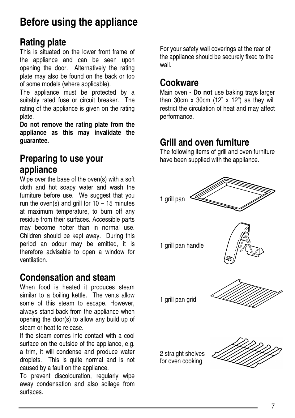 Before using the appliance, Rating plate, Preparing to use your appliance | Condensation and steam, Cookware, Grill and oven furniture | Tricity Bendix CLASSIC/1 User Manual | Page 7 / 36