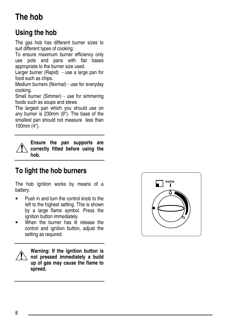 The hob, Using the hob | Tricity Bendix CLASSIC/1 User Manual | Page 8 / 36