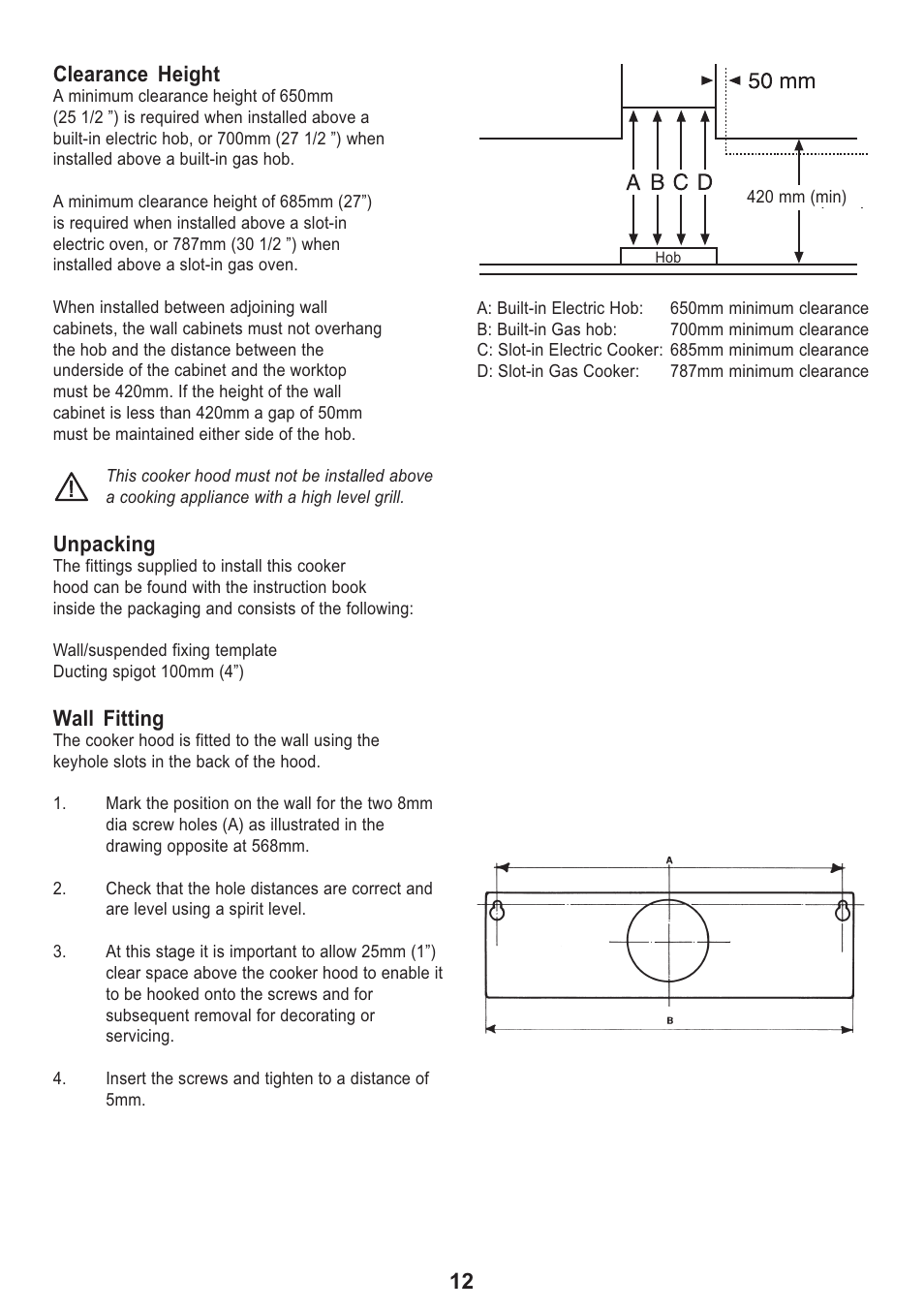 Clearance height, Unpacking, Wall fitting | Tricity Bendix TBH 630 User Manual | Page 12 / 16