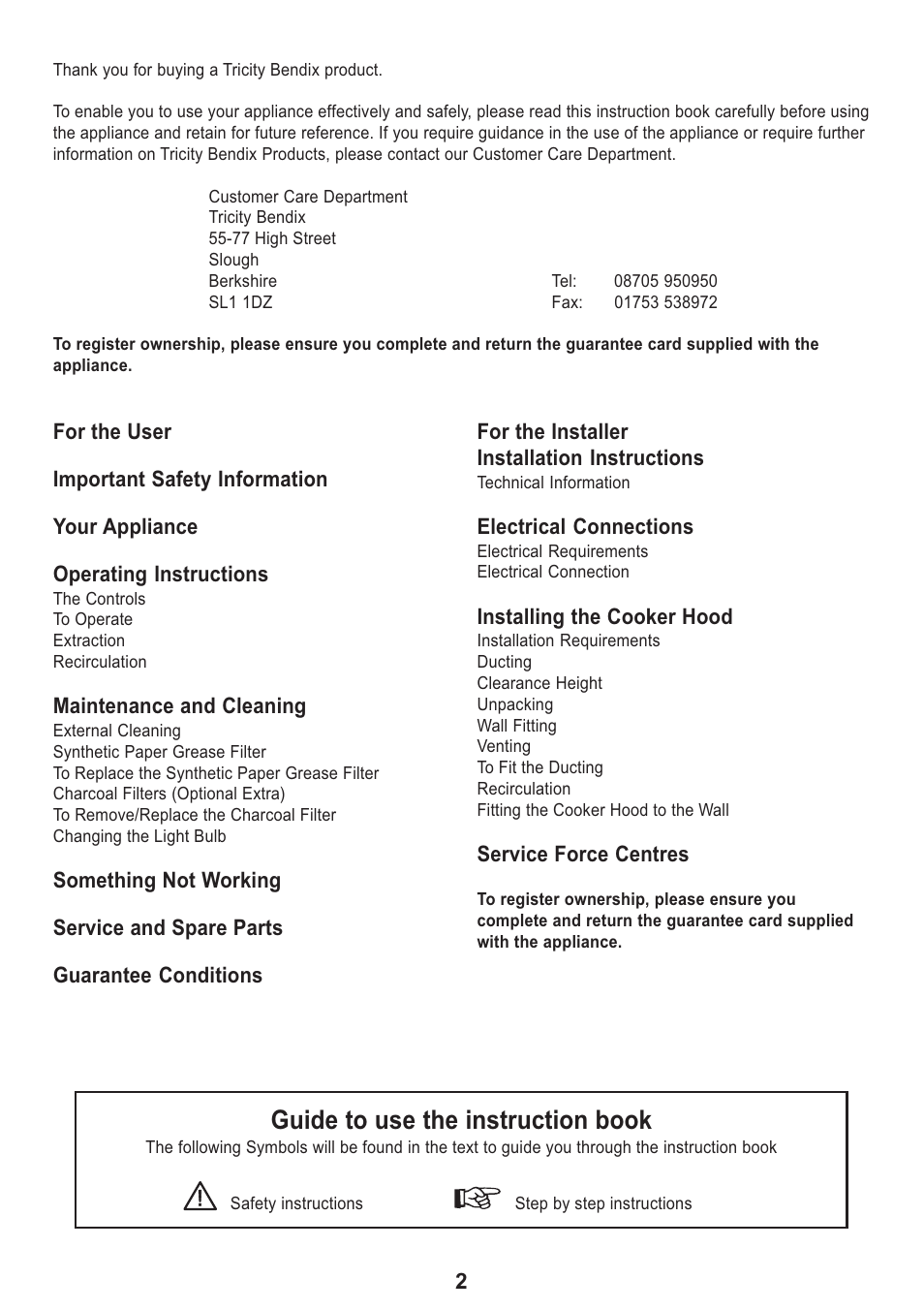 Guide to use the instruction book | Tricity Bendix TBH 630 User Manual | Page 2 / 16