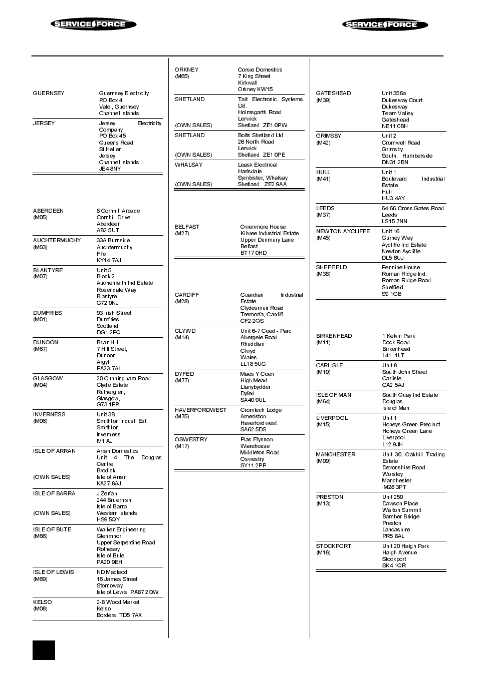 Tricity bendix service force, Channel islands, Scotland | Northern ireland, Wales, North east, North west | Tricity Bendix E710 User Manual | Page 38 / 52