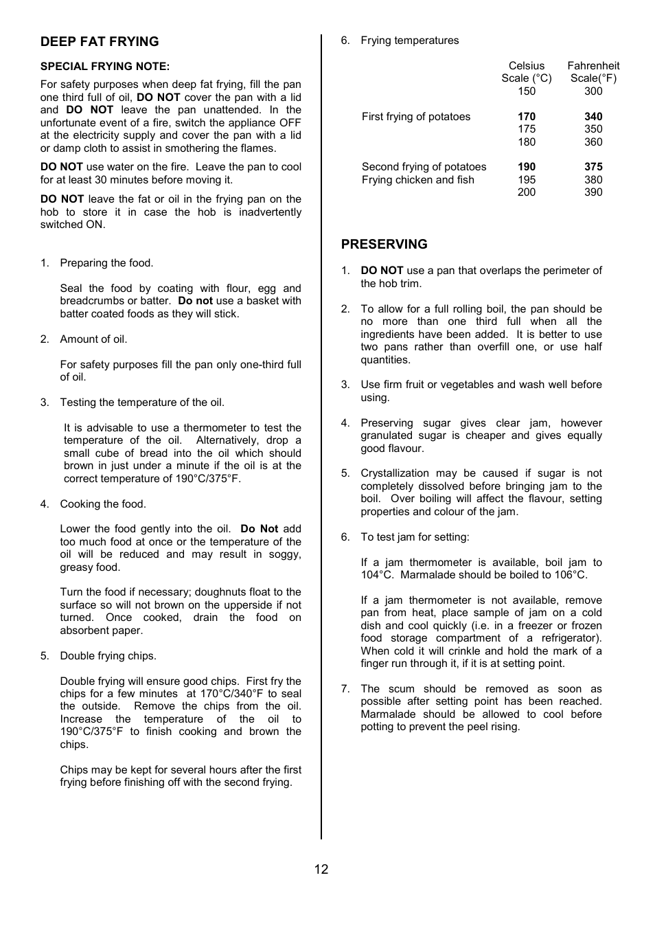 12 deep fat frying, Preserving | Tricity Bendix CSIE317 User Manual | Page 12 / 28