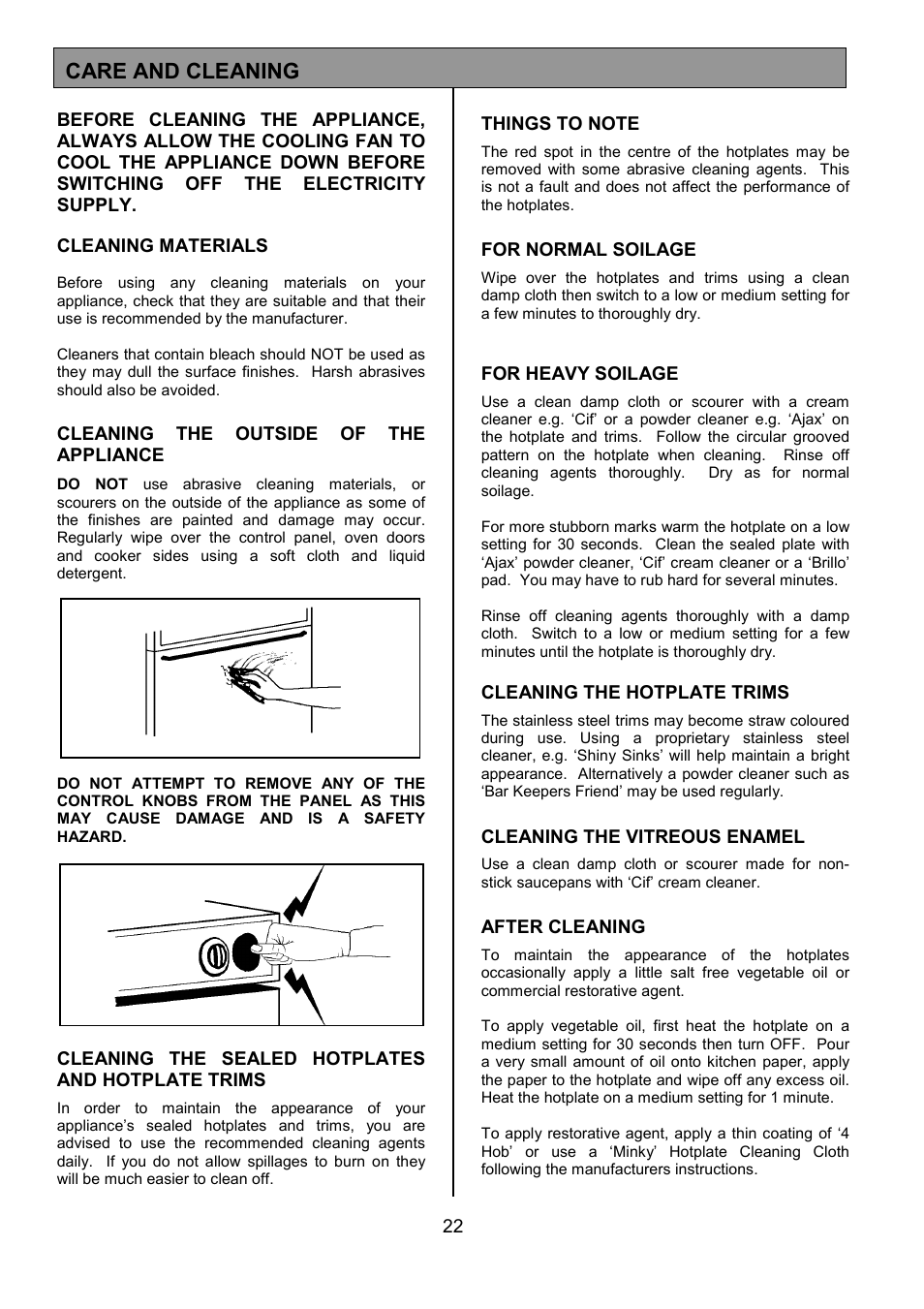 Care and cleaning | Tricity Bendix CSIE317 User Manual | Page 22 / 28