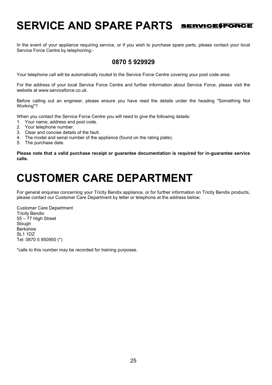 Service and spare parts, Customer care department | Tricity Bendix CSIE317 User Manual | Page 25 / 28