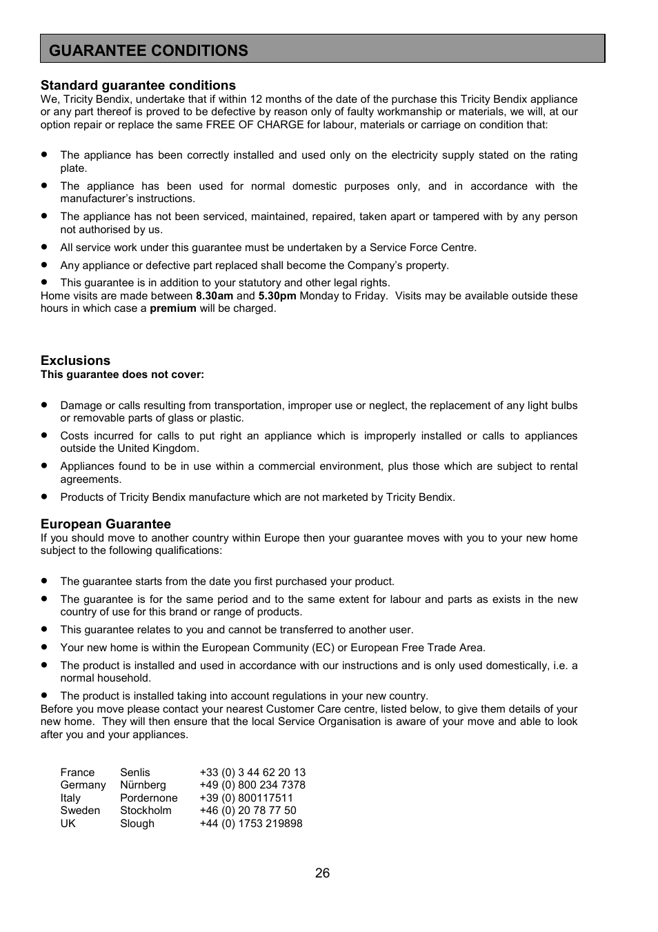 Guarantee conditions | Tricity Bendix CSIE317 User Manual | Page 26 / 28