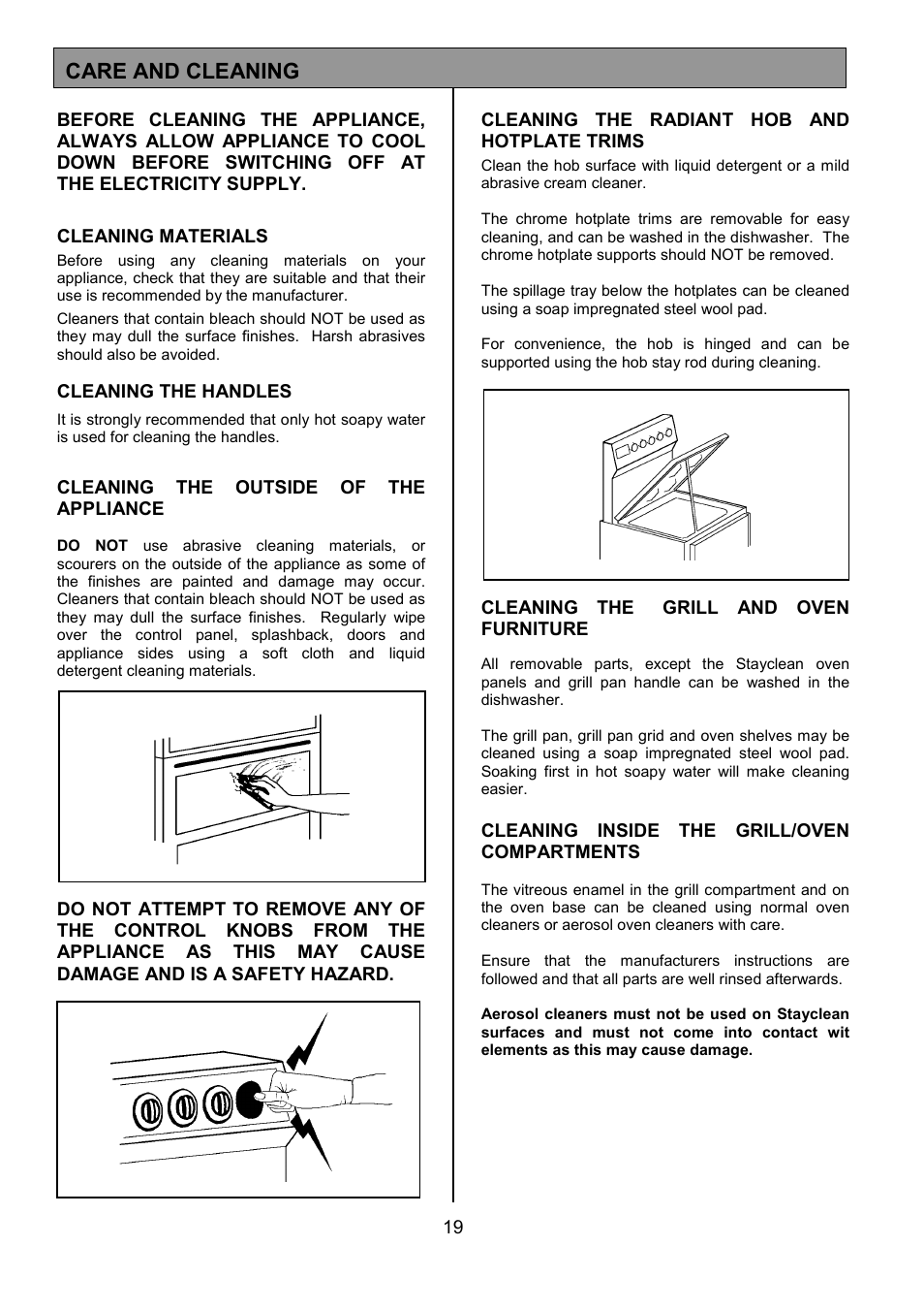 Care and cleaning | Tricity Bendix SPLASHBACK SB416 User Manual | Page 19 / 24