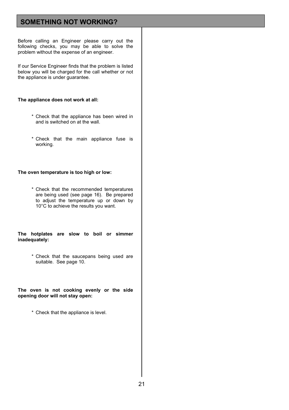 Something not working | Tricity Bendix SPLASHBACK SB416 User Manual | Page 21 / 24
