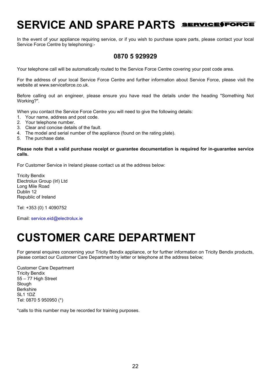 Service and spare parts, Customer care department | Tricity Bendix SPLASHBACK SB416 User Manual | Page 22 / 24