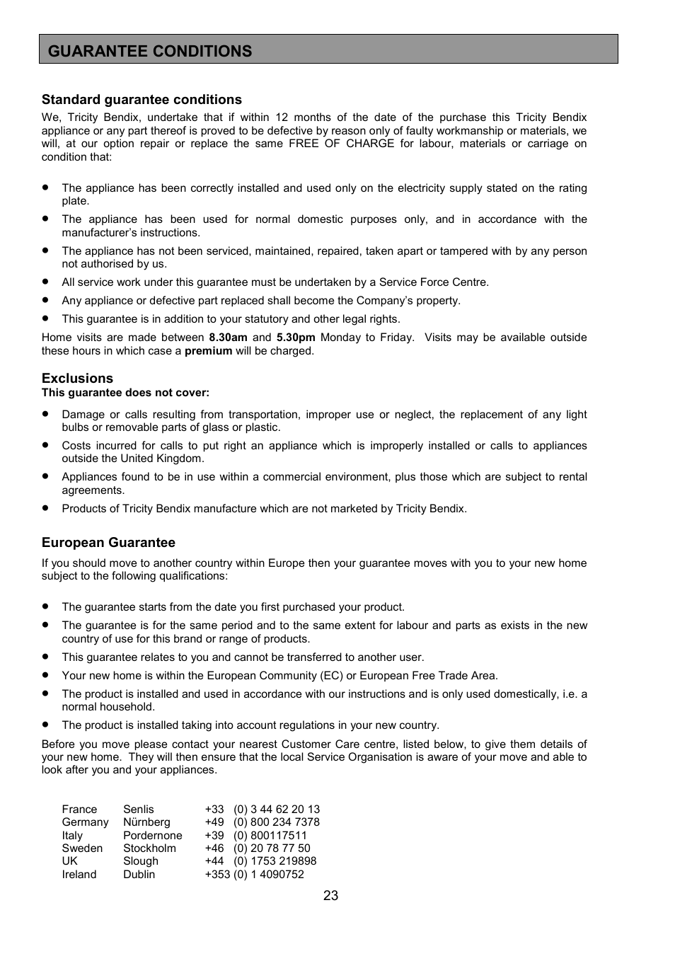 Guarantee conditions | Tricity Bendix SPLASHBACK SB416 User Manual | Page 23 / 24