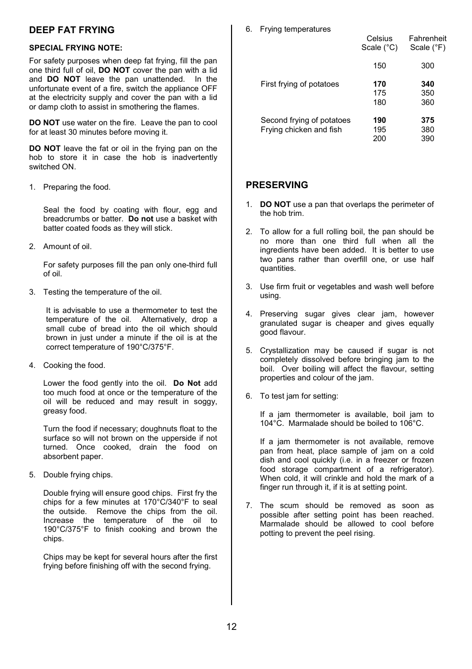 12 deep fat frying, Preserving | Tricity Bendix SIE401 User Manual | Page 12 / 28