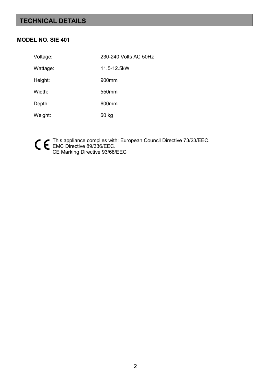 Technical details | Tricity Bendix SIE401 User Manual | Page 2 / 28
