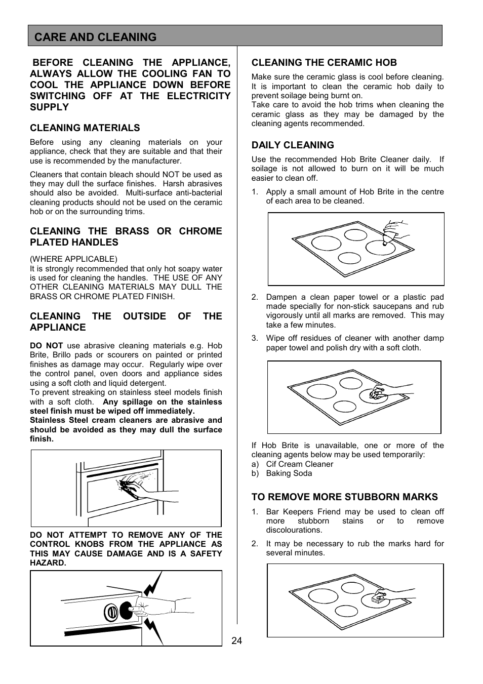 Care and cleaning | Tricity Bendix SIE424 User Manual | Page 24 / 32