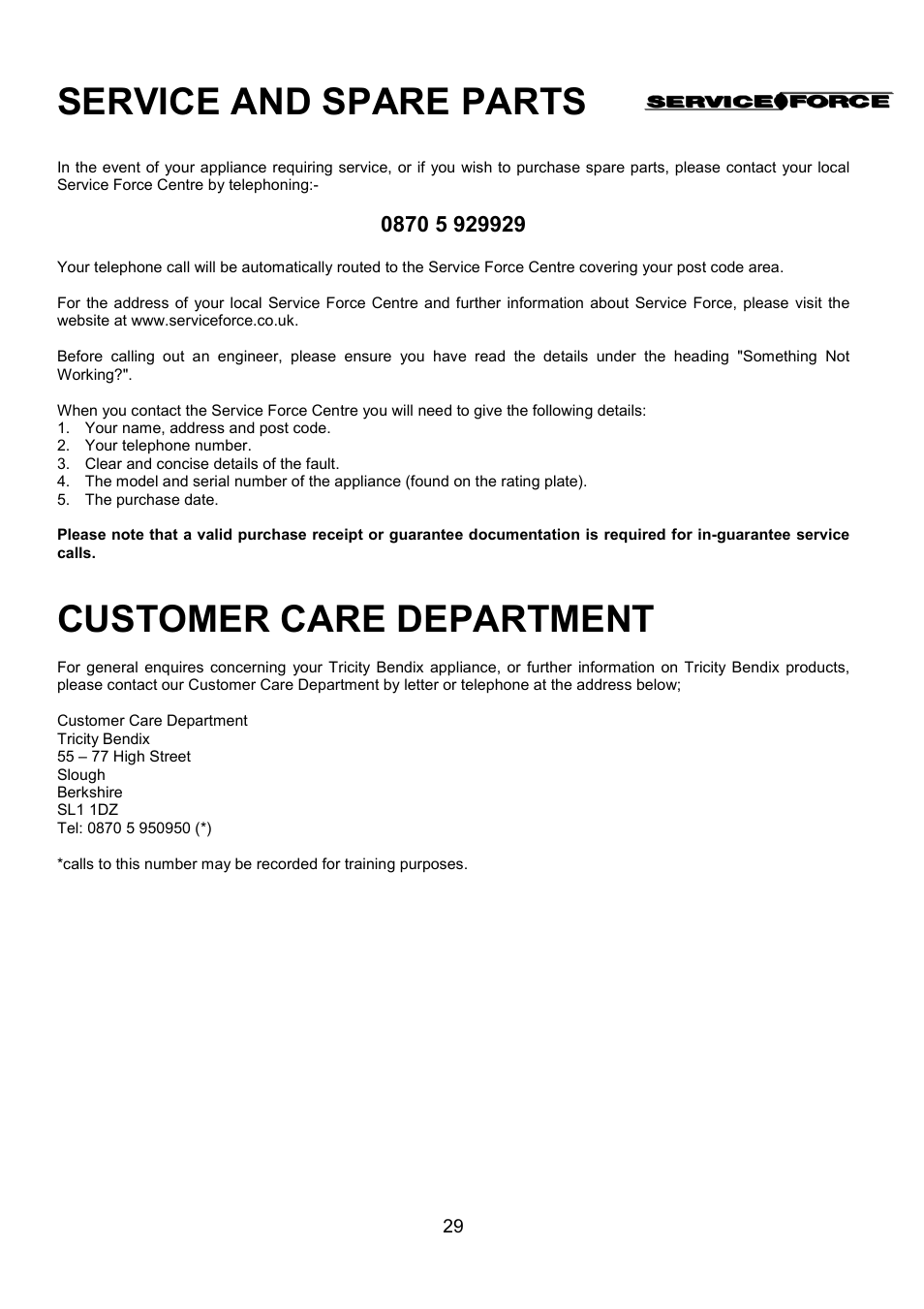 Service and spare parts, Customer care department | Tricity Bendix SIE424 User Manual | Page 29 / 32