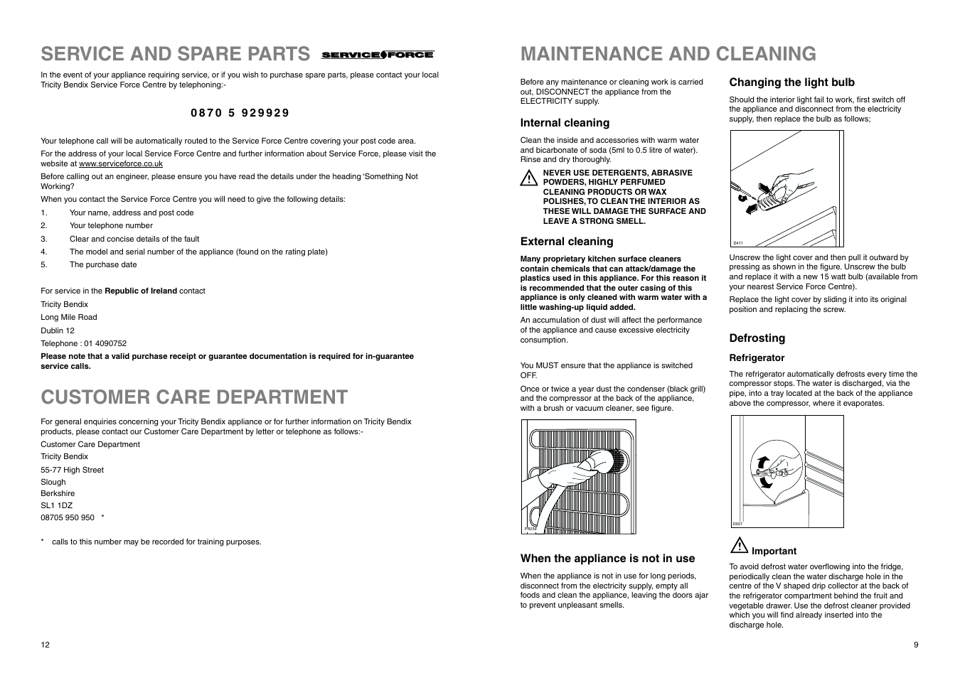 Maintenance and cleaning, Customer care department, Service and spare parts | Tricity Bendix FD 845 User Manual | Page 12 / 20