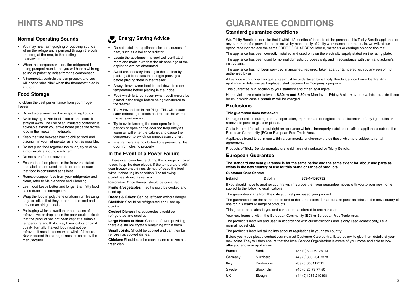 Hints and tips, Guarantee conditions | Tricity Bendix FD 845 User Manual | Page 13 / 20