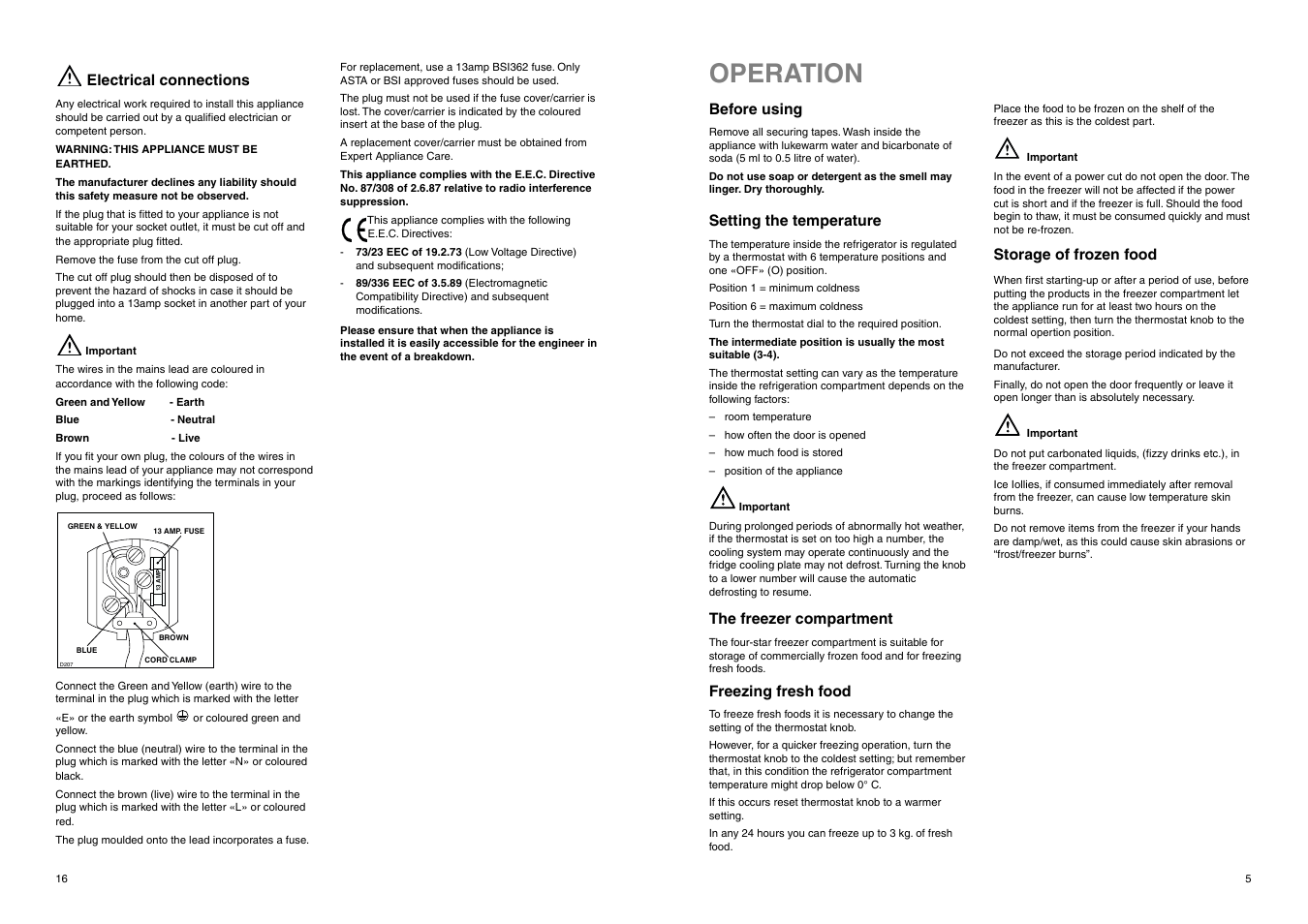 Operation | Tricity Bendix FD 845 User Manual | Page 16 / 20