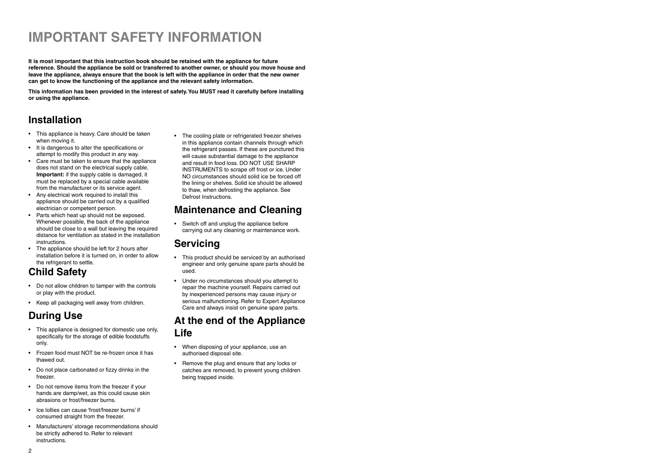 Important safety information, Installation, Child safety | During use, Maintenance and cleaning, Servicing, At the end of the appliance life | Tricity Bendix FD 845 User Manual | Page 19 / 20