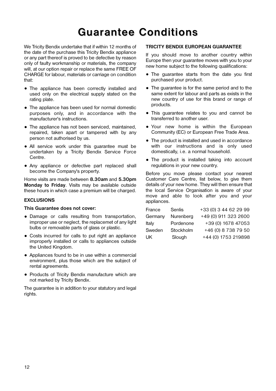 Guar, Guar ant ant ee conditions ee conditions | Tricity Bendix TB 584 R User Manual | Page 12 / 20