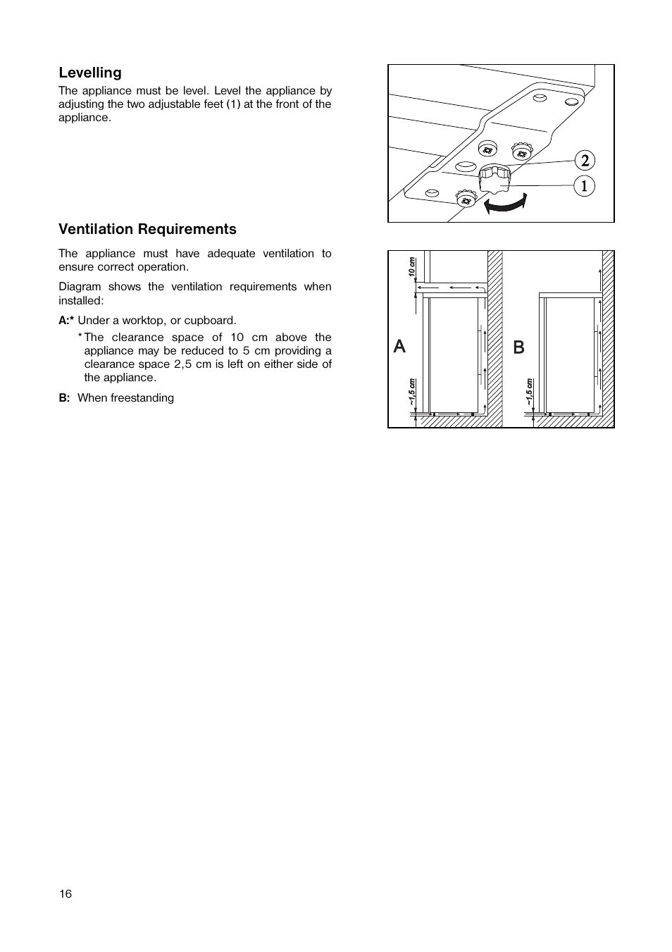 Ventilation requirements, Levelling | Tricity Bendix TB 584 R User Manual | Page 16 / 20