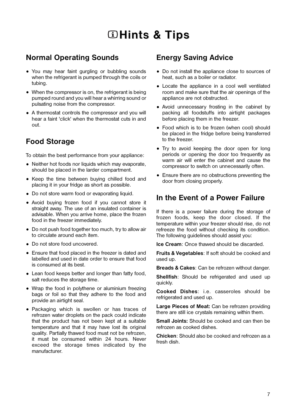 Hints & t, Hints & t ips ips, Normal operating sounds | Food storage, Energy saving advice | Tricity Bendix TB 584 R User Manual | Page 7 / 20