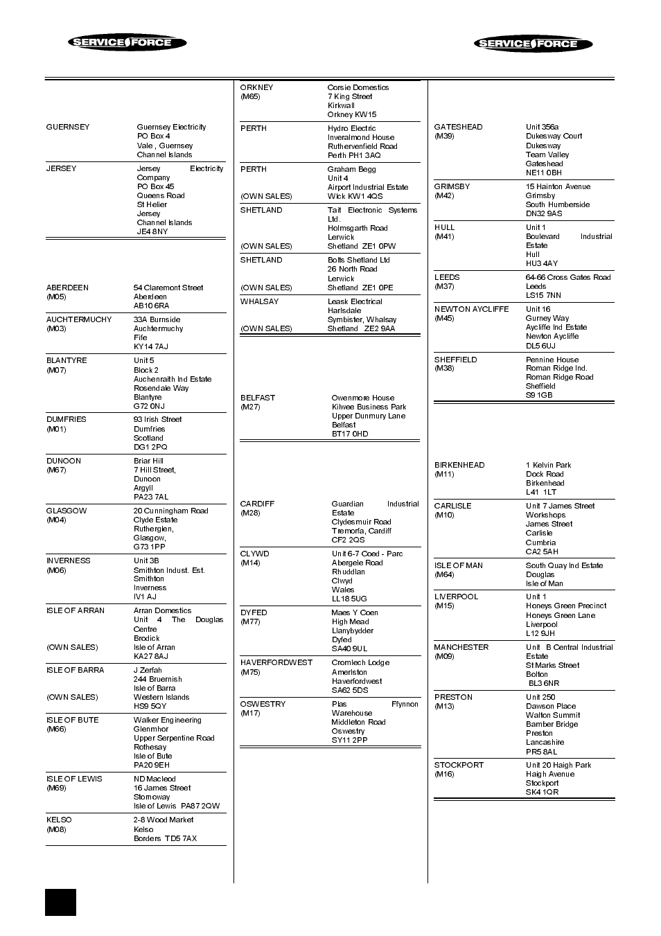 Tricity bendix service force, Channel islands, Scotland | Northern ireland, Wales, North east, North west | Tricity Bendix SI 221 User Manual | Page 22 / 28