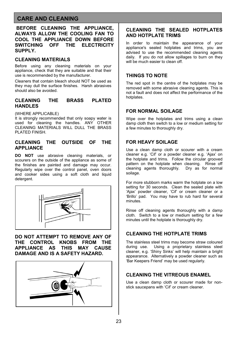 Care and cleaning | Tricity Bendix RE50G User Manual | Page 23 / 32