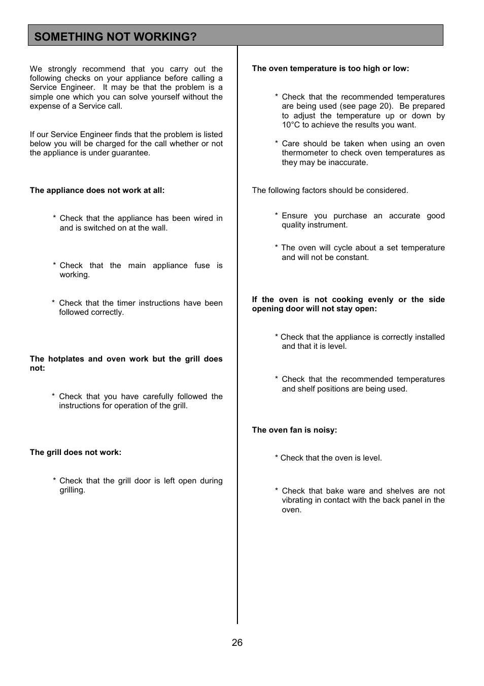 Something not working | Tricity Bendix RE50G User Manual | Page 26 / 32