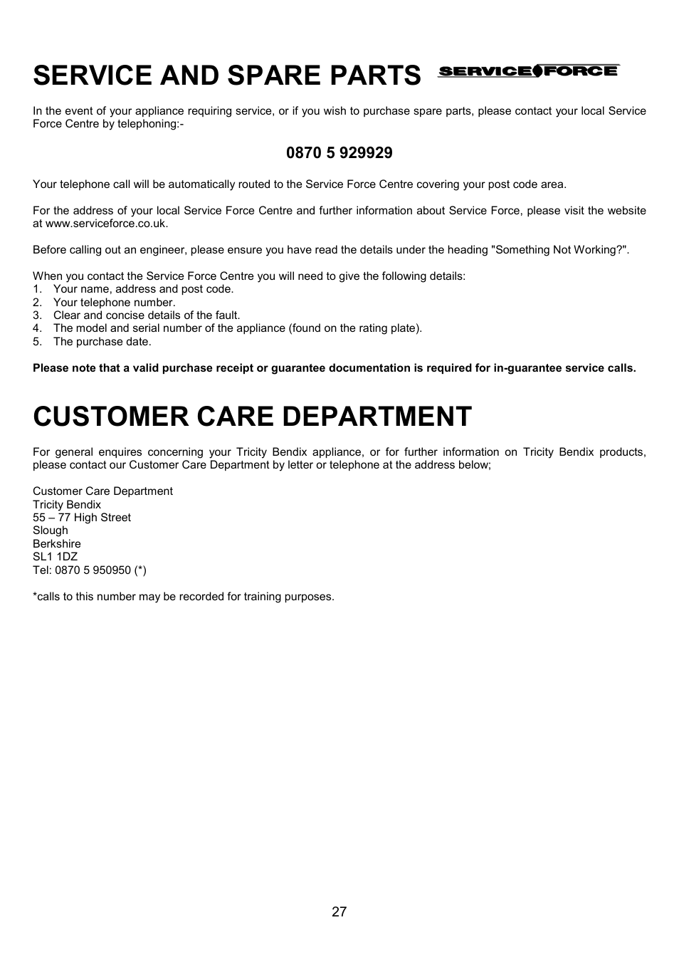 Service and spare parts, Customer care department | Tricity Bendix RE50G User Manual | Page 27 / 32