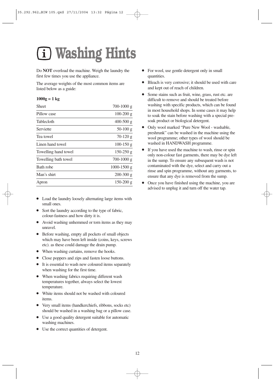 Washing hints | Tricity Bendix BIW 105 W User Manual | Page 12 / 28