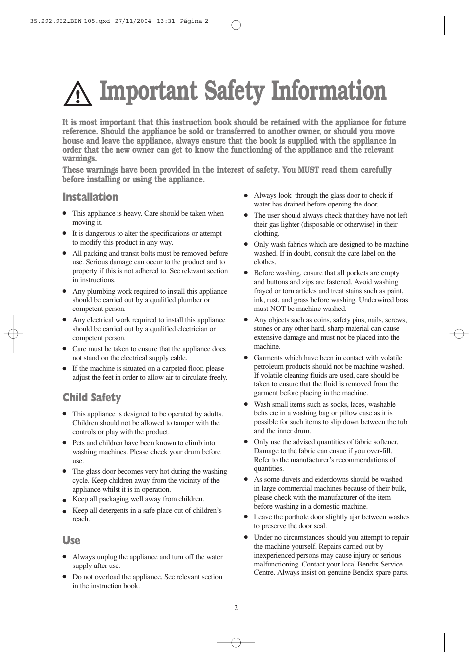 Important safety information, Installation, Child safety | Tricity Bendix BIW 105 W User Manual | Page 2 / 28