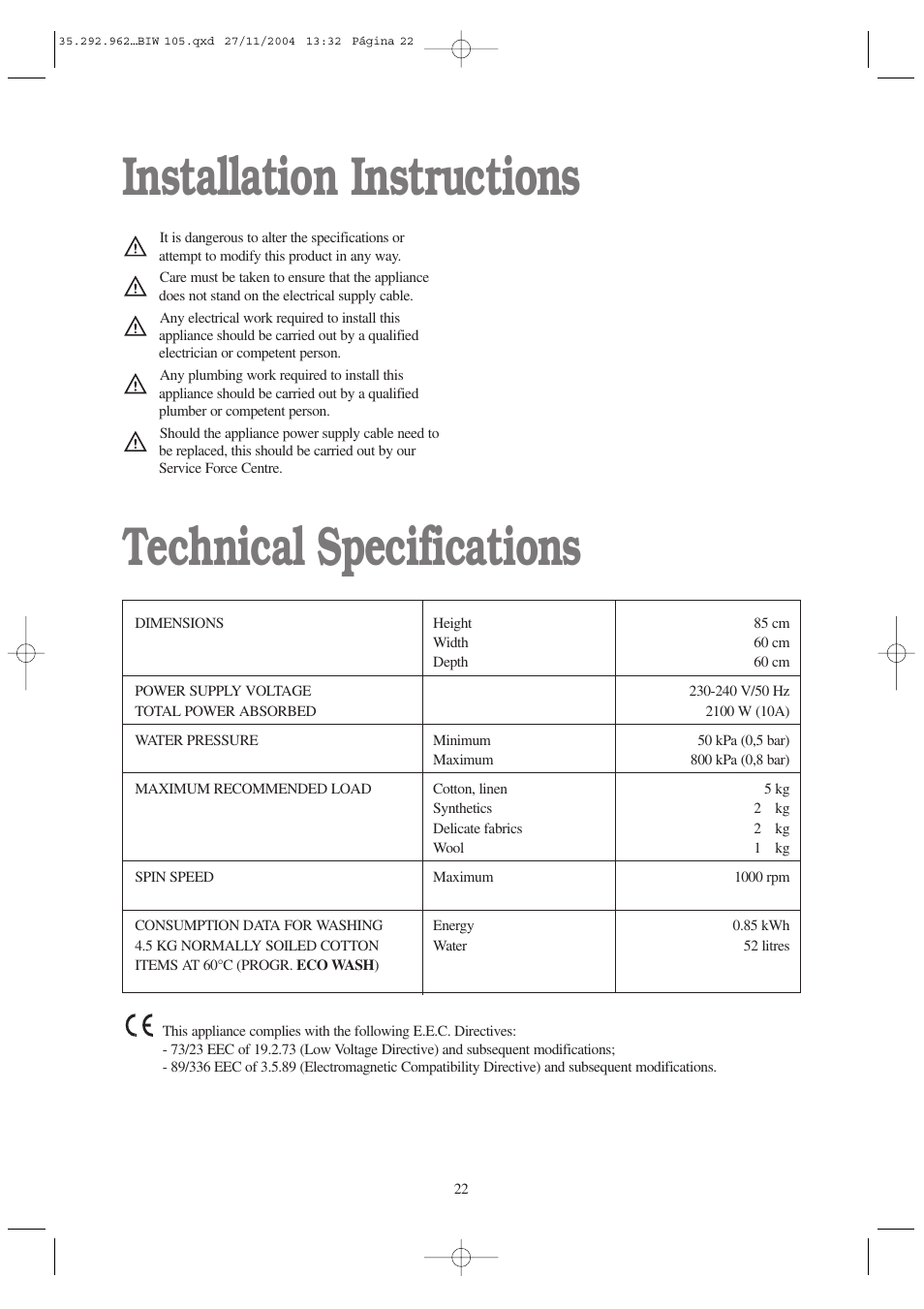 Installation instructions technical specifications | Tricity Bendix BIW 105 W User Manual | Page 22 / 28