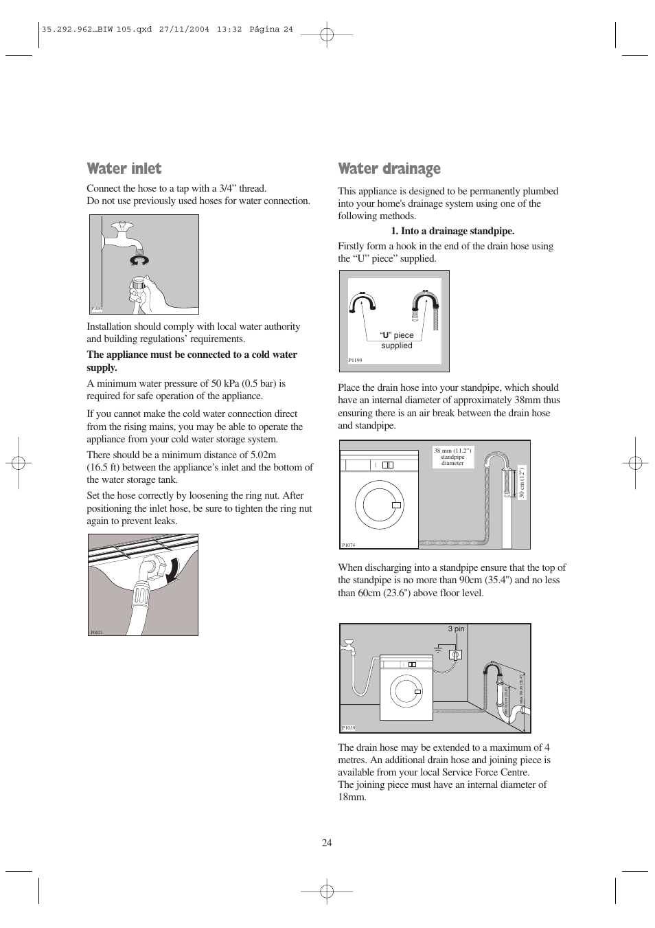 Water inlet, Water drainage | Tricity Bendix BIW 105 W User Manual | Page 24 / 28