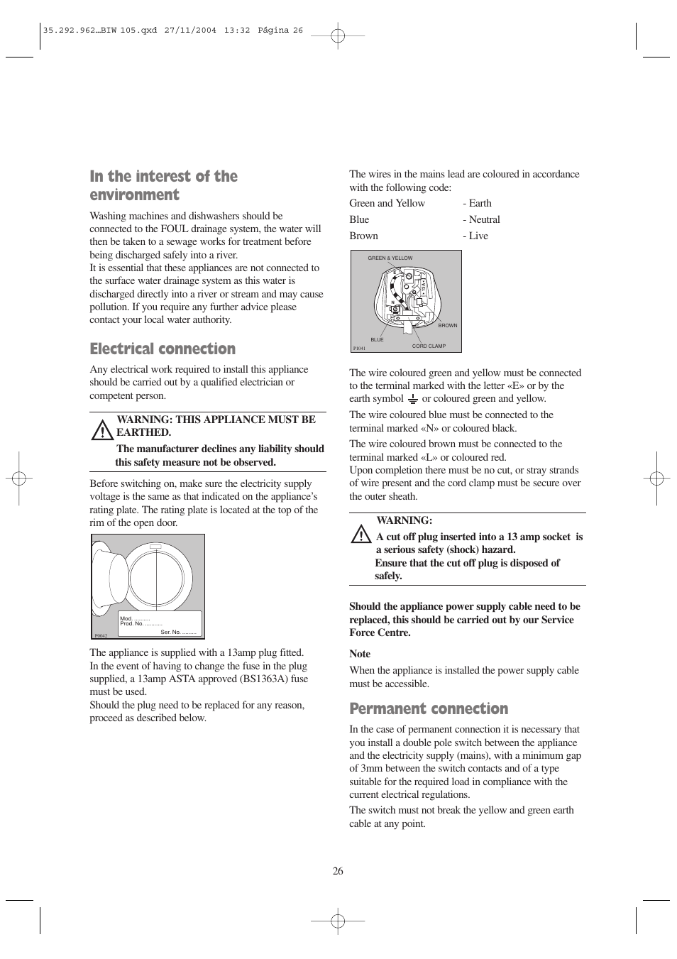 Electrical connection, Permanent connection | Tricity Bendix BIW 105 W User Manual | Page 26 / 28