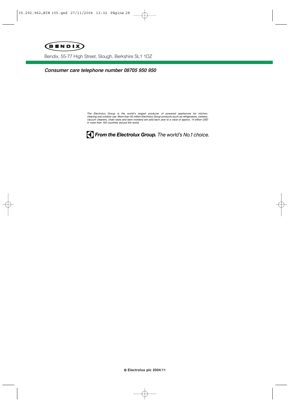 Tricity Bendix BIW 105 W User Manual | Page 28 / 28